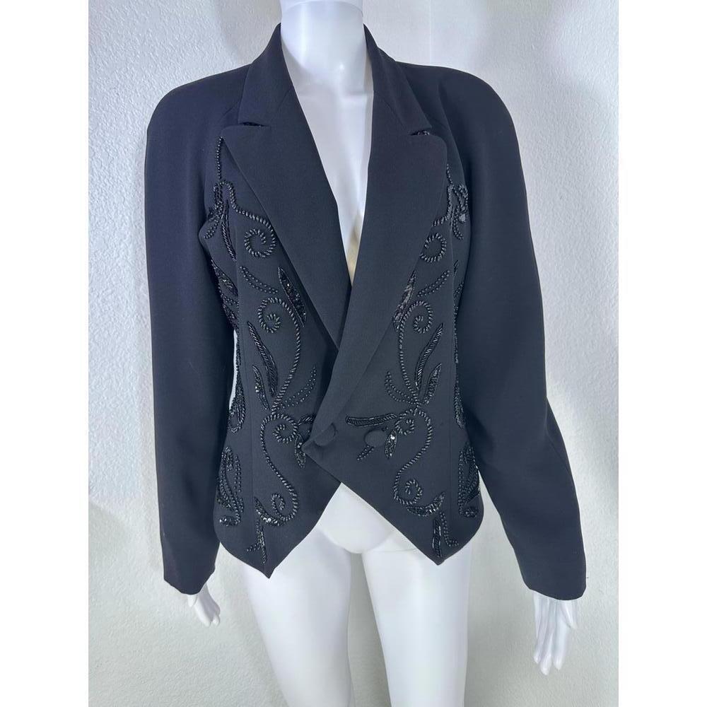 Vtg 1980s Louis Feraud Black Beaded Blazer S Sculpted Fit Evening Statement